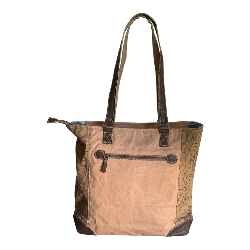 NWT Stylish Vintage Print Canvas Tote Bag - Peach Tan and Brown - Picture 4 of 9